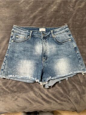 Pink Lily Washed Blue Distressed High-Rise Jean Shorts
